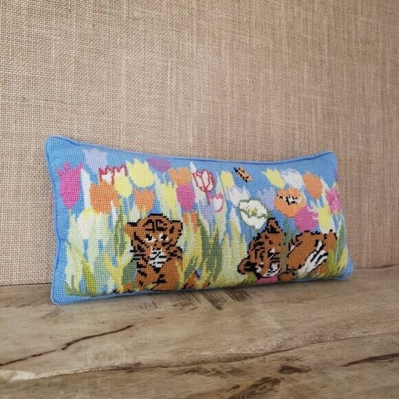 Vintage Hand-Stitched Needlepoint Pillow Tiger Cubs Tulip Flowers Baby Nursery - Picture 13 of 13